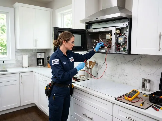 Appliance Repair Hero technician testing an over-the-range microwave in a Bellevue, KY kitchen